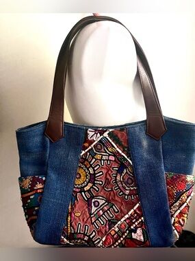 Denim Tote with Multicolor Embroidered Front Panel and Brown Handles